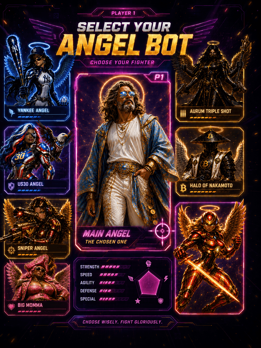 Select your Angel Bot fighting game character selection poster